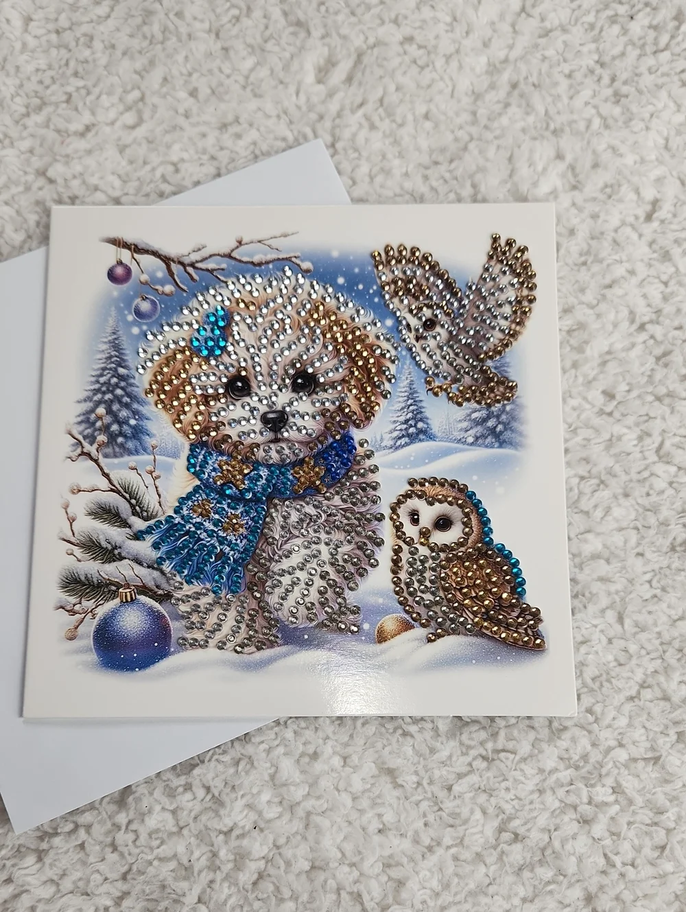 Sparkling Winter Puppy & Owls Holiday Diamond Painting Art Card - Blue Accents
